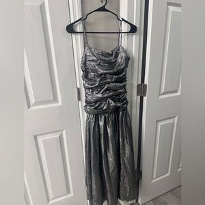 La Maise Studio Ruched Drop-Waist Foil Midi Dress - perfect for new years!